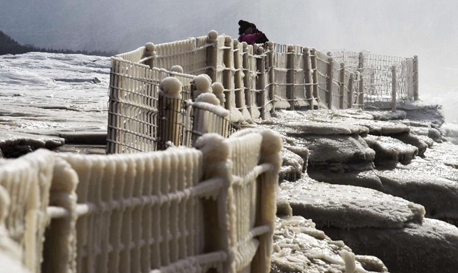 Breathtaking winter scenery of Hukou Waterfall