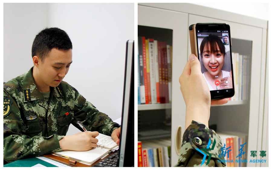 &uarr;陳德正，武警北京總隊(duì)七支隊(duì)某中隊(duì)指導(dǎo)員。七夕前夜堅(jiān)守在值班崗位上的他，在結(jié)束值班后給妻子打了個(gè)視頻電話，通過網(wǎng)絡(luò)表達(dá)著對(duì)妻子的愛意。閆星辰 攝
