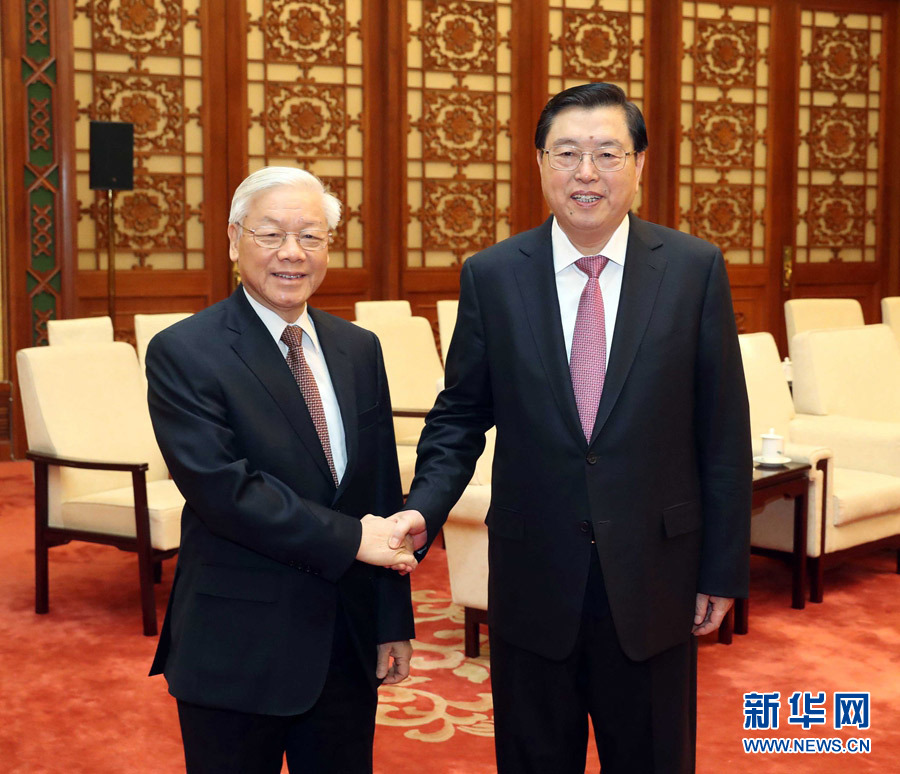 1月13日，中共中央政治局常委、全國(guó)人大常委會(huì)委員長(zhǎng)張德江在北京人民大會(huì)堂會(huì)見(jiàn)越共中央總書記阮富仲。 新華社記者 劉衛(wèi)兵 攝