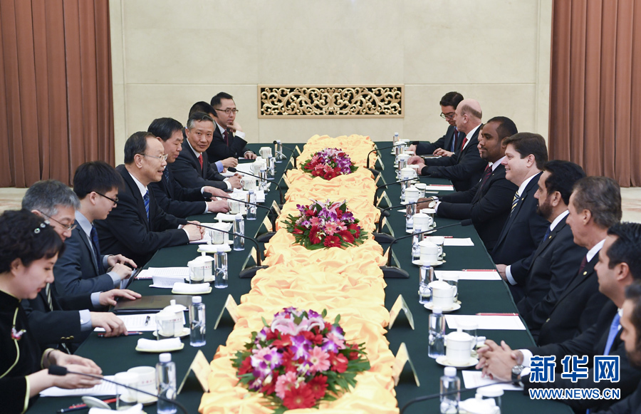 3月22日，中共中央書記處書記、全國政協(xié)副主席杜青林在北京會見巴西民主運動黨眾議院黨團領(lǐng)袖羅西率領(lǐng)的該黨干部考察團。 新華社記者張領(lǐng)攝