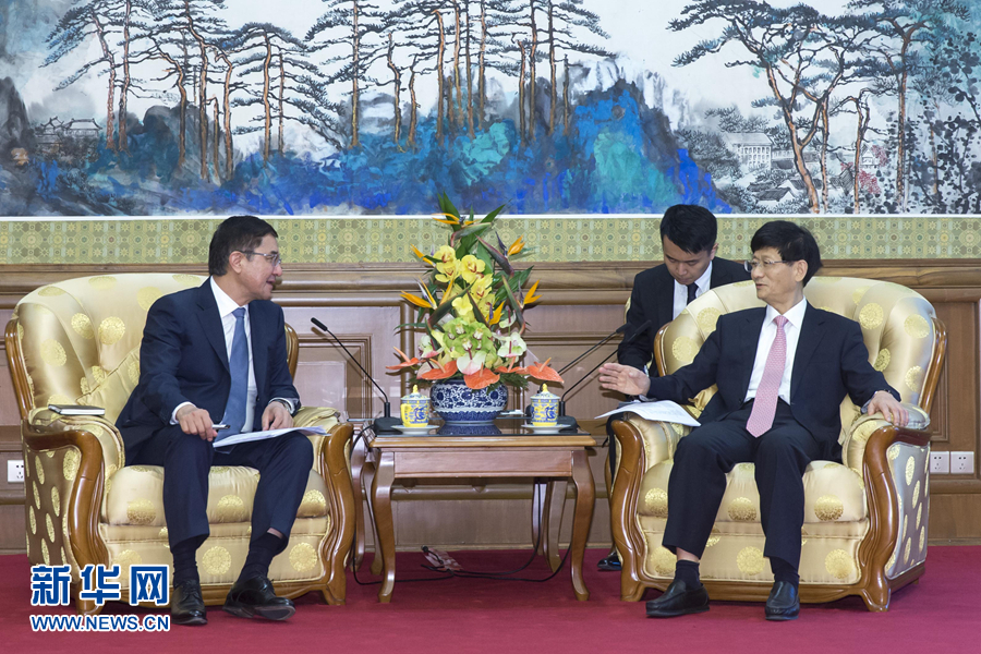 7月19日，中共中央政治局委員、中央政法委書記孟建柱在北京會見烏茲別克斯坦副總理庫奇卡羅夫。 新華社記者崔新鈺攝