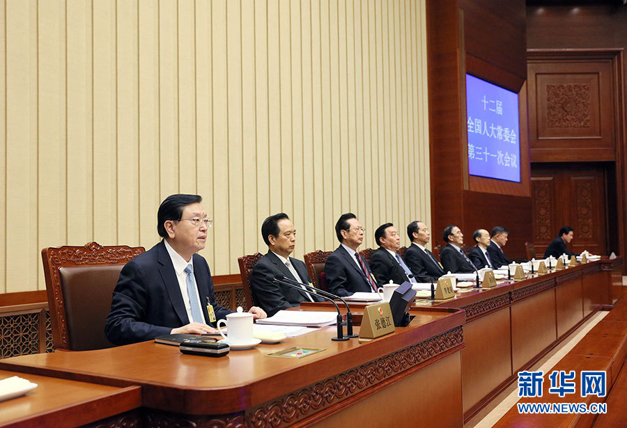 12月27日，全國(guó)人大常委會(huì)委員長(zhǎng)張德江主持十二屆全國(guó)人大常委會(huì)第三十一次會(huì)議閉幕會(huì)。在會(huì)議完成各項(xiàng)表決事項(xiàng)后，張德江發(fā)表講話。新華社記者 劉衛(wèi)兵 攝