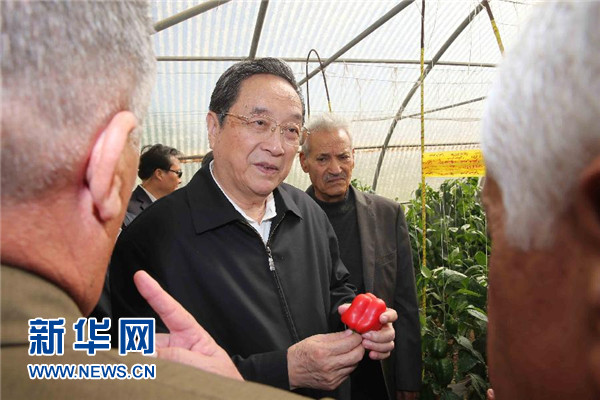 11月8日，正在約旦進行正式友好訪問的全國政協(xié)主席俞正聲在約旦河谷參觀碩果農(nóng)業(yè)合作社。 新華社記者 劉衛(wèi)兵 攝 