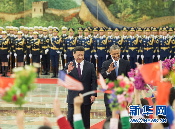 11月12日，國家主席習(xí)近平在北京人民大會堂舉行歡迎儀式，歡迎美國總統(tǒng)奧巴馬對中國進行國事訪問。 新華社記者 黃敬文 攝