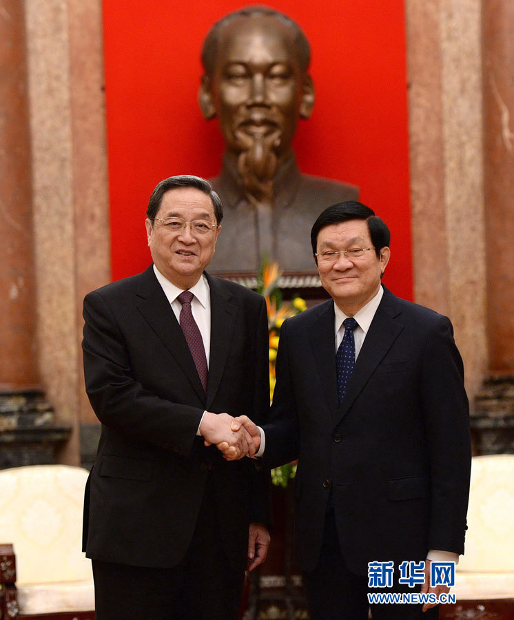 12月25日至27日，中共中央政治局常委、全國政協(xié)主席俞正聲對越南進(jìn)行正式訪問。這是12月26日，俞正聲在河內(nèi)會見越南國家主席張晉創(chuàng)。 新華社記者馬占成攝