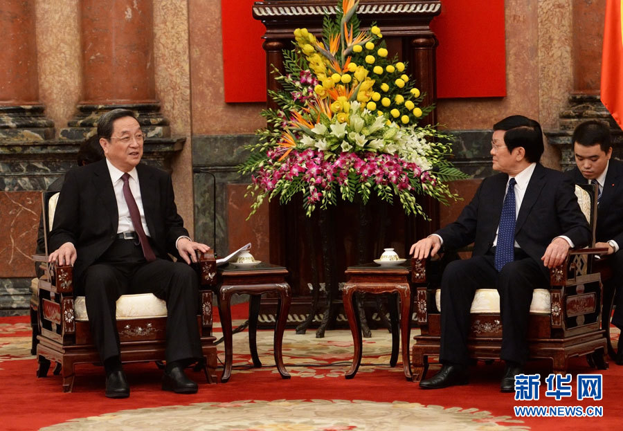 12月25日至27日，中共中央政治局常委、全國政協(xié)主席俞正聲對越南進(jìn)行正式訪問。這是12月26日，俞正聲在河內(nèi)會見越南國家主席張晉創(chuàng)。 新華社記者劉建生攝