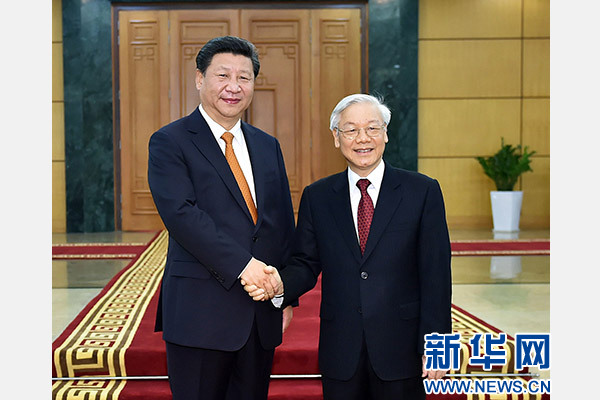 11月5日，中共中央總書記、國家主席習(xí)近平在河內(nèi)同越共中央總書記阮富仲舉行會(huì)談。 新華社記者李濤攝